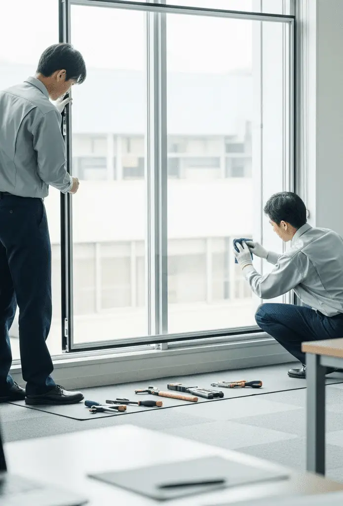 Divi meistari uzstāda vai apkalpo biroja logu, instrumenti izvietoti uz grīdas