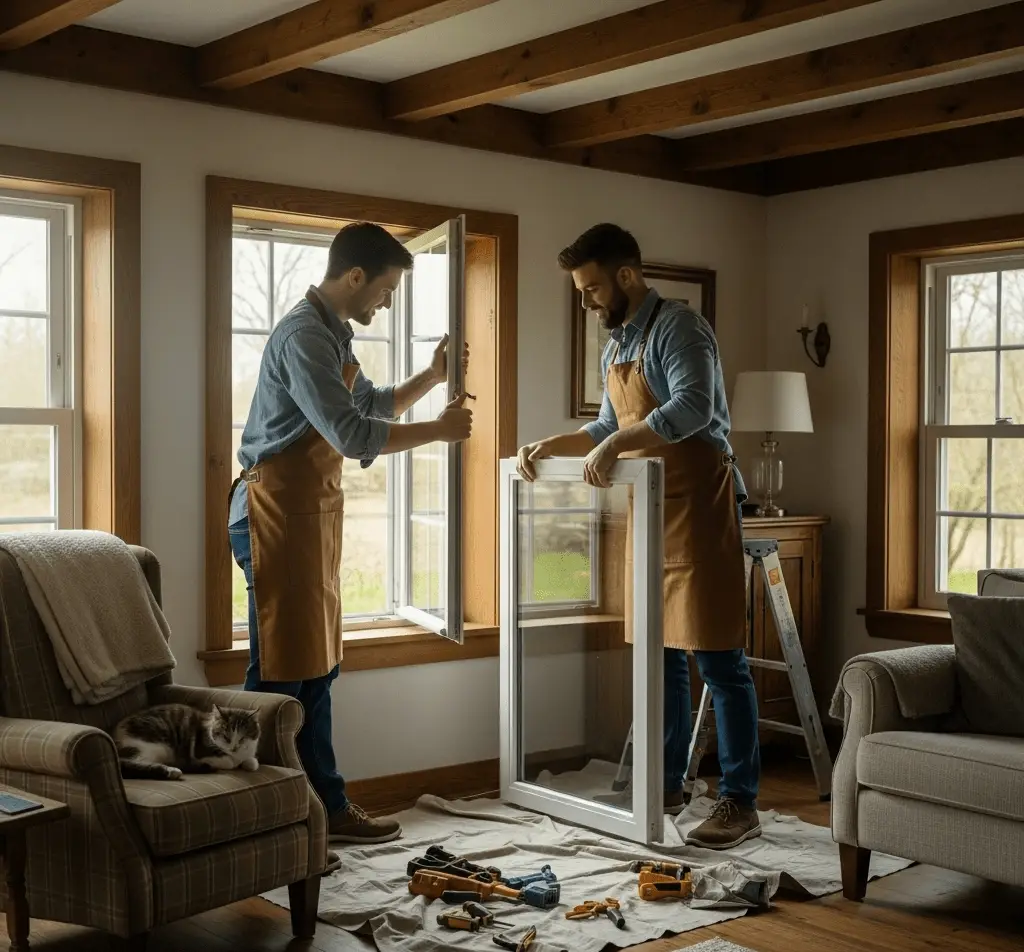 Meistaru komanda uzstāda lielu logu ēkā ar klasisku interjeru, izmantojot profesionālus instrumentus.