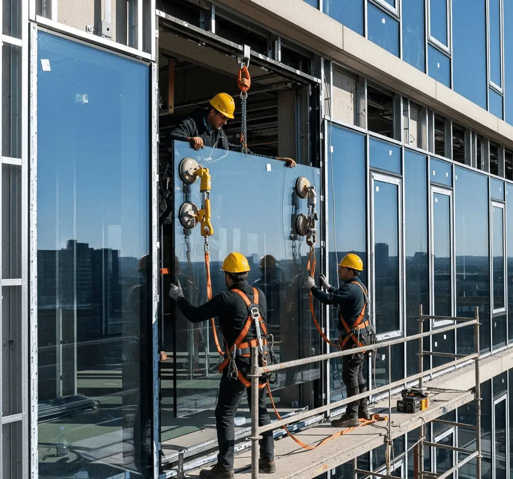 Lielu stikla pakešu uzstādīšana augstceltnē, ko veic Labākais Logu Meistars profesionālie montieri